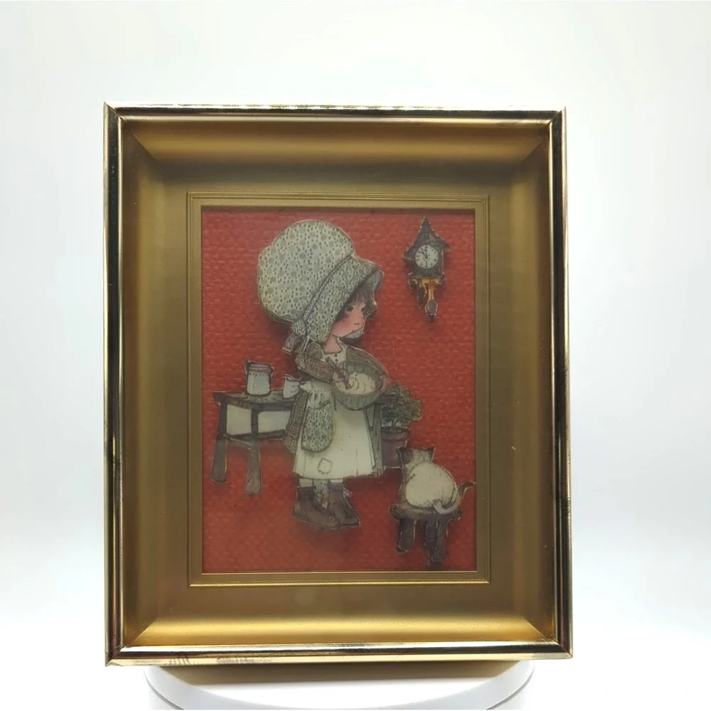 Vintage 70s Holly Hobbie Shadow Box 3D Layered Paper Art Gold Frame Glass 5.75in